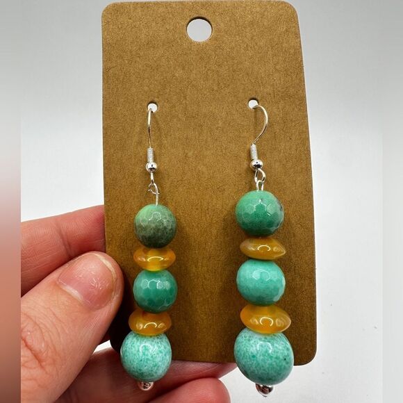 2.5" long faceted green moss, yellow jade, and ceramic beaded dangle earrings! - Picture 1 of 10